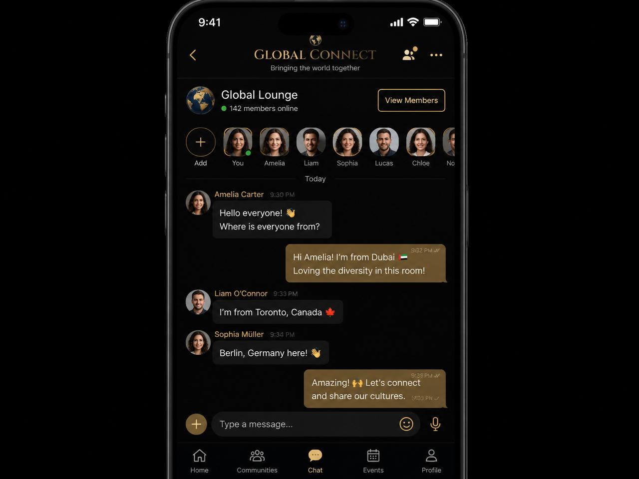 Global Connect chatroom showing members from around the world in conversation