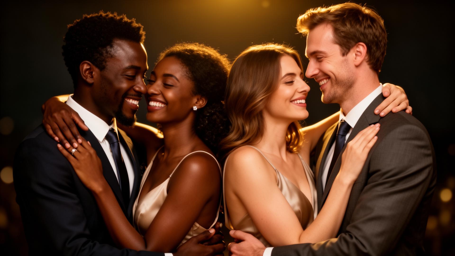 Two happy couples — one African American, one Caucasian — embracing and smiling, representing the Global Connect community